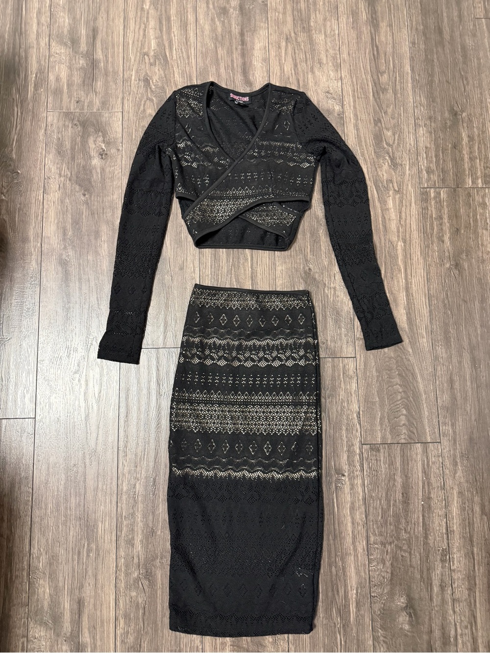 Black Lace Knit Two-Piece Skirt Set - Unknown Brand